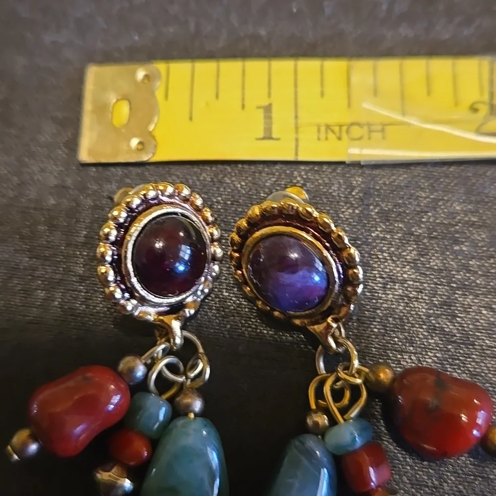 Dangle Earrings with Red,Purple, And Teal Gemstone Like Beads